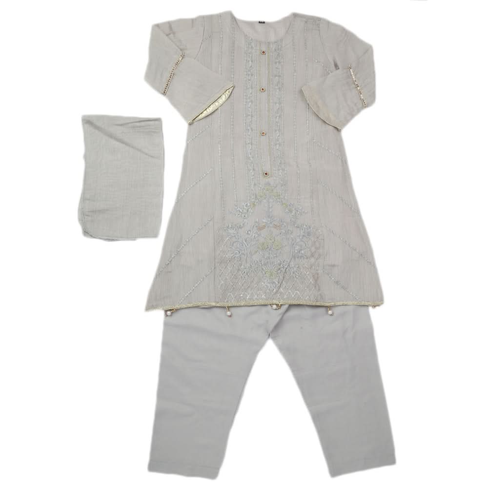 Girls Embroidered 3Pcs Shalwar Suit - Grey, Girls Shalwar Kameez, Chase Value, Chase Value