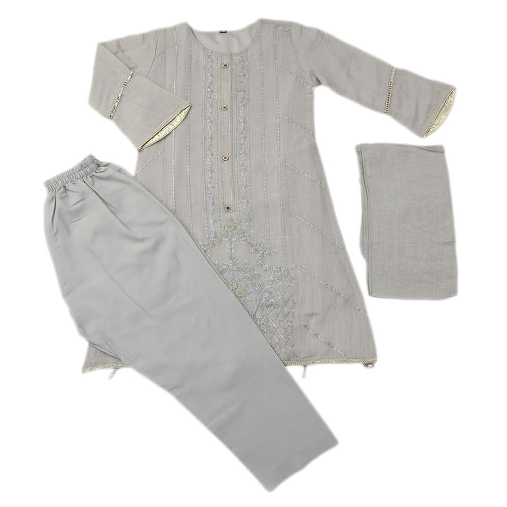 Girls Embroidered 3Pcs Shalwar Suit - Grey, Girls Shalwar Kameez, Chase Value, Chase Value