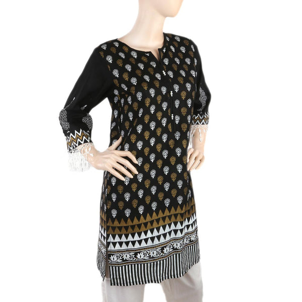 Women's Printed Kurti With Lace - Black, Women, Ready Kurtis, Chase Value, Chase Value