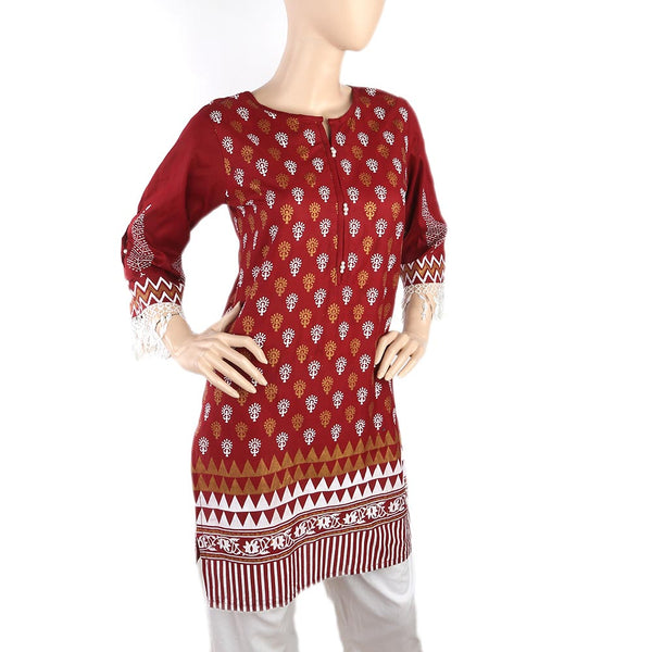 Women's Printed Kurti With Lace - Maroon, Women, Ready Kurtis, Chase Value, Chase Value