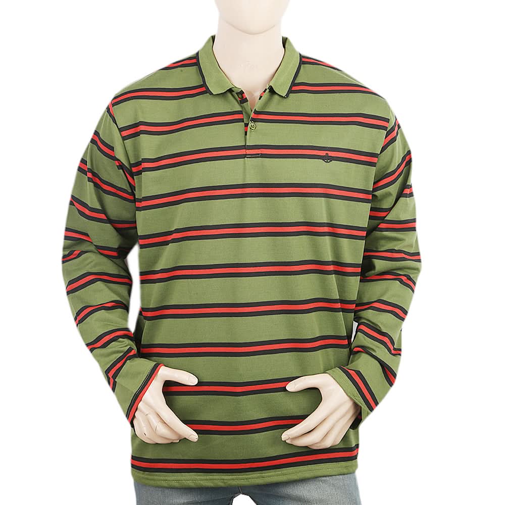 Men's Full Sleeves Yarn Dyed Polo T-Shirt - Green, Men, T-Shirts And Polos, Chase Value, Chase Value
