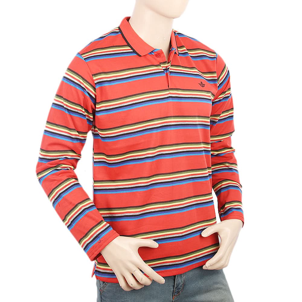 Men's Full Sleeves Yarn Dyed Polo T-Shirt - Red, Men, T-Shirts And Polos, Chase Value, Chase Value