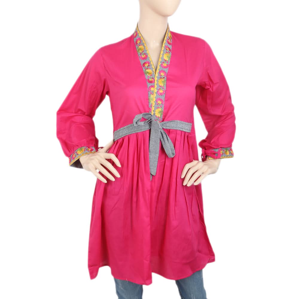 Women's Embroidered Kurti With Front Belt - Pink, Women, Ready Kurtis, Chase Value, Chase Value