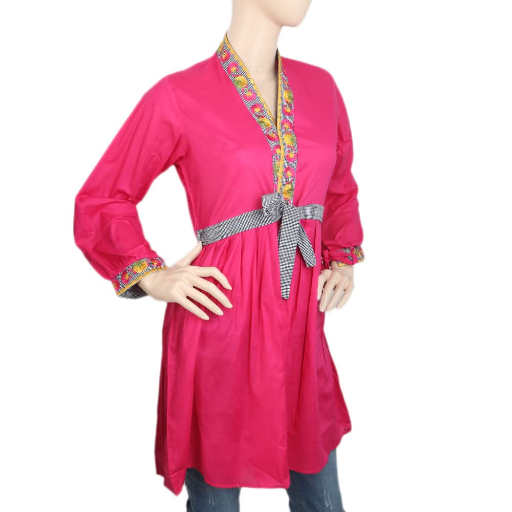 Women's Embroidered Kurti With Front Belt - Pink, Women, Ready Kurtis, Chase Value, Chase Value
