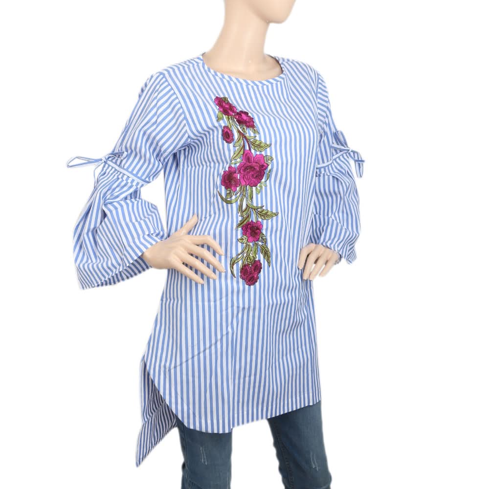 Women's Embroidered Stripe With Front Bottom Cut - Blue, Women, Ready Kurtis, Chase Value, Chase Value