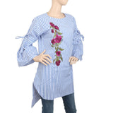 Women's Embroidered Stripe With Front Bottom Cut - Blue, Women, Ready Kurtis, Chase Value, Chase Value