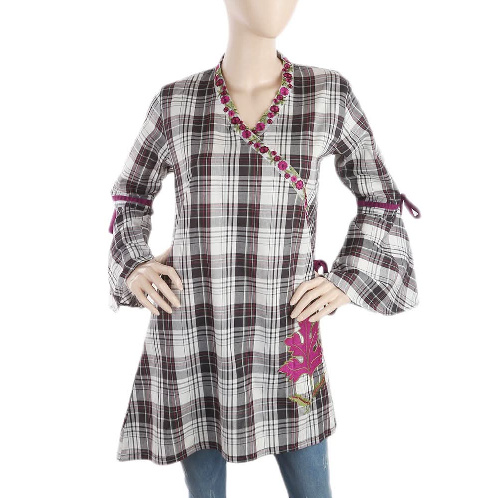Women's Check Embroidery Kurti Angrakha Style - Grey, Women, Ready Kurtis, Chase Value, Chase Value