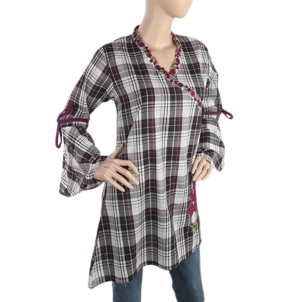 Women's Check Embroidery Kurti Angrakha Style - Grey, Women, Ready Kurtis, Chase Value, Chase Value