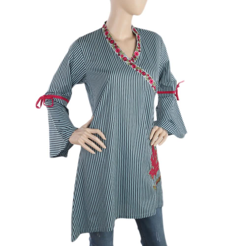 Women's Check Embroidery Kurti Angrakha Style - Steel Blue, Women, Ready Kurtis, Chase Value, Chase Value