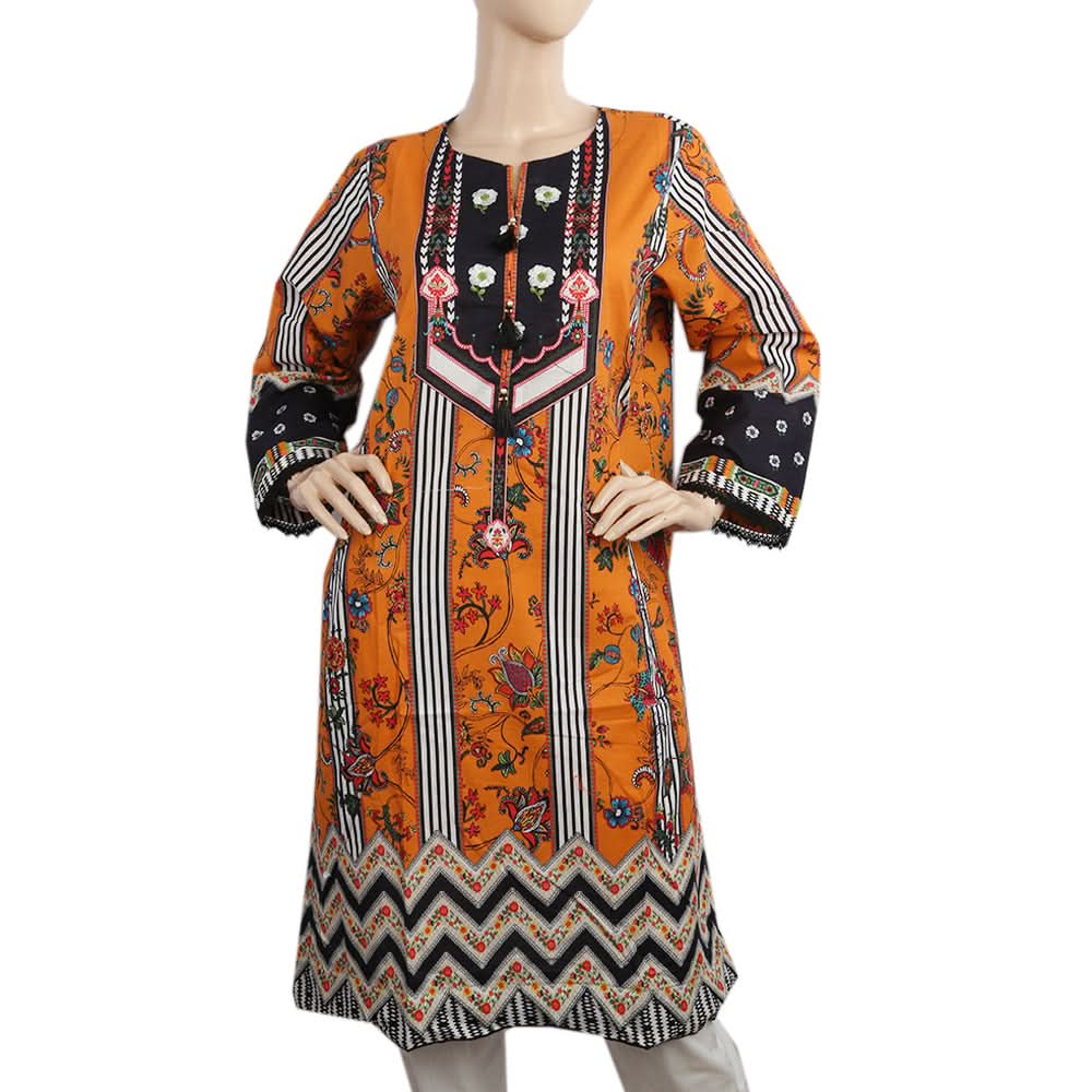 Women's Digital Printed Stitched Kurti - Mustard, Women Ready Kurtis, Chase Value, Chase Value