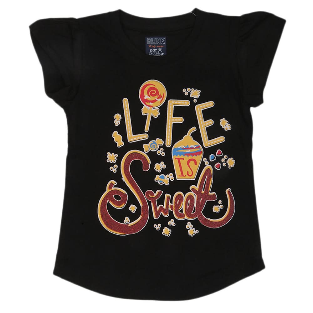 Girls Printed Half Sleeves T-Shirt 4686 - Black, Kids, Girls T-Shirts, Chase Value, Chase Value