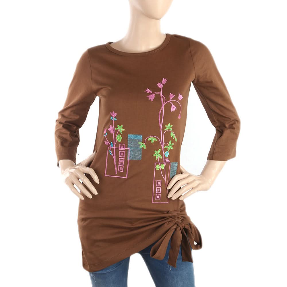 Women's Front Bottom Embroidered Top - Brown, Women, T-Shirts And Tops, Chase Value, Chase Value