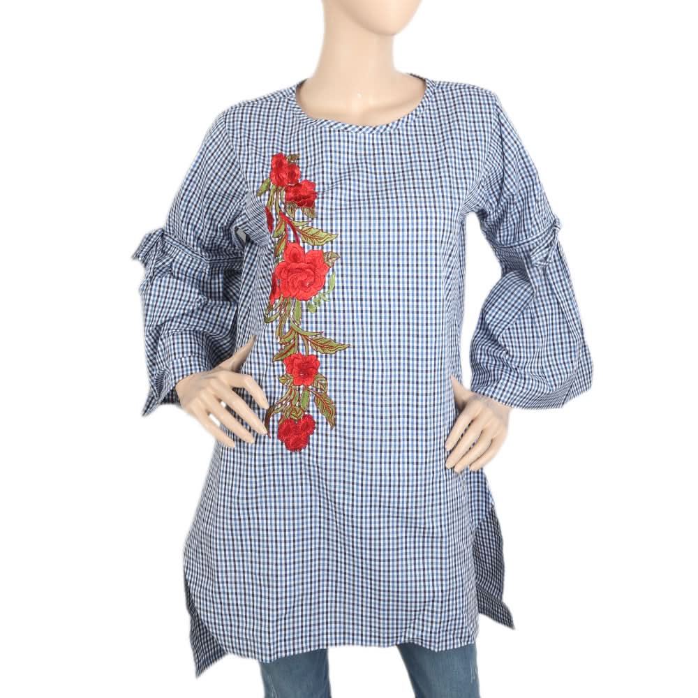 Women's Embroidered Stripe With Front Bottom Cut - Dark Blue, Women, Ready Kurtis, Chase Value, Chase Value