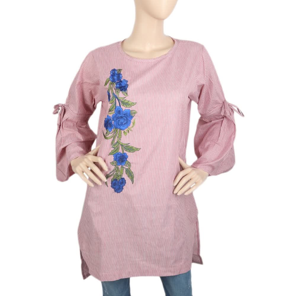 Women's Embroidered Stripe With Front Bottom Cut - Maroon, Women, Ready Kurtis, Chase Value, Chase Value