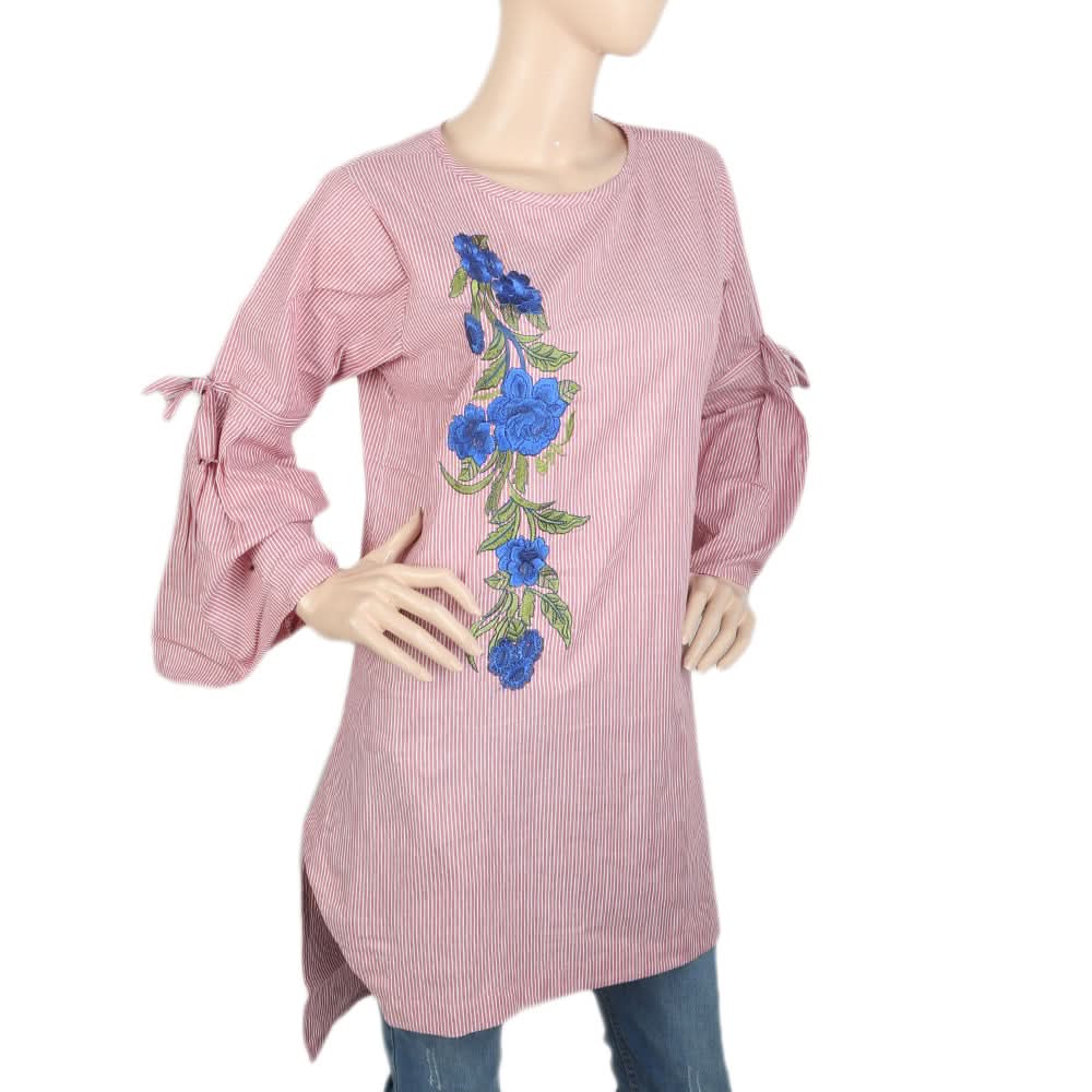Women's Embroidered Stripe With Front Bottom Cut - Maroon, Women, Ready Kurtis, Chase Value, Chase Value