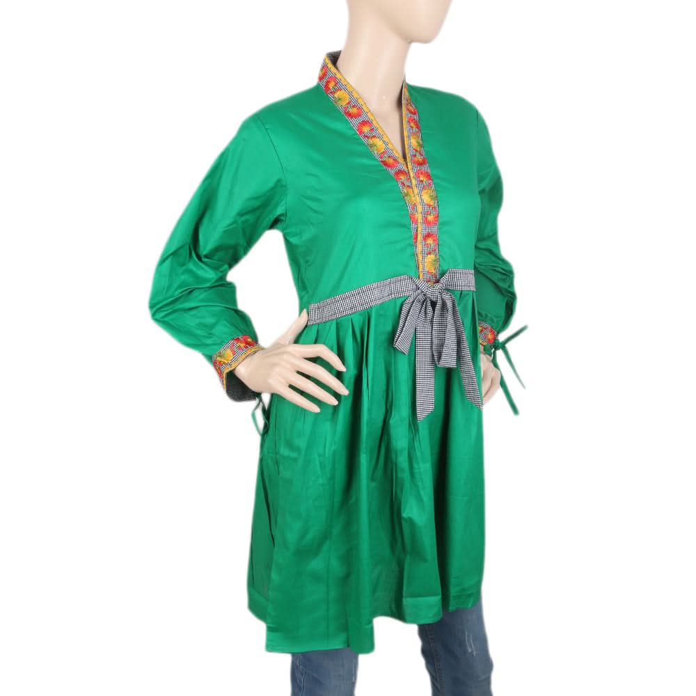 Women's Embroidered Kurti With Front Belt - Green, Women, Ready Kurtis, Chase Value, Chase Value