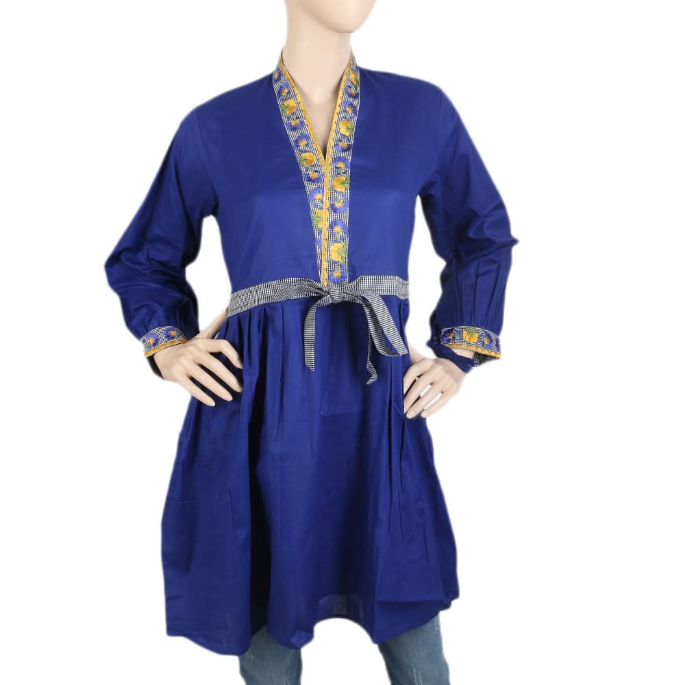 Women's Embroidered Kurti With Front Belt - Royal Blue, Women, Ready Kurtis, Chase Value, Chase Value
