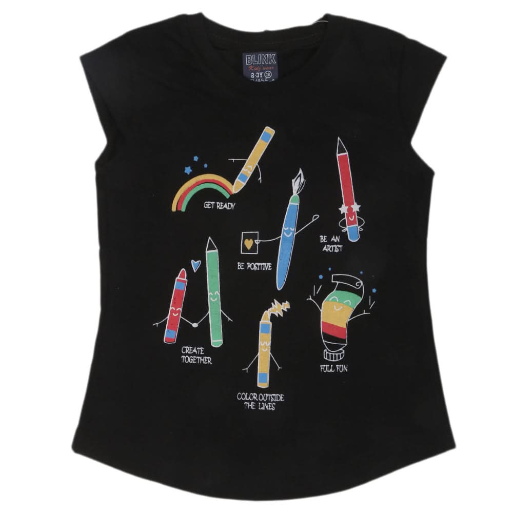 Girls Printed Half Sleeves T-Shirt 4698 - Black, Kids, Girls T-Shirts, Chase Value, Chase Value