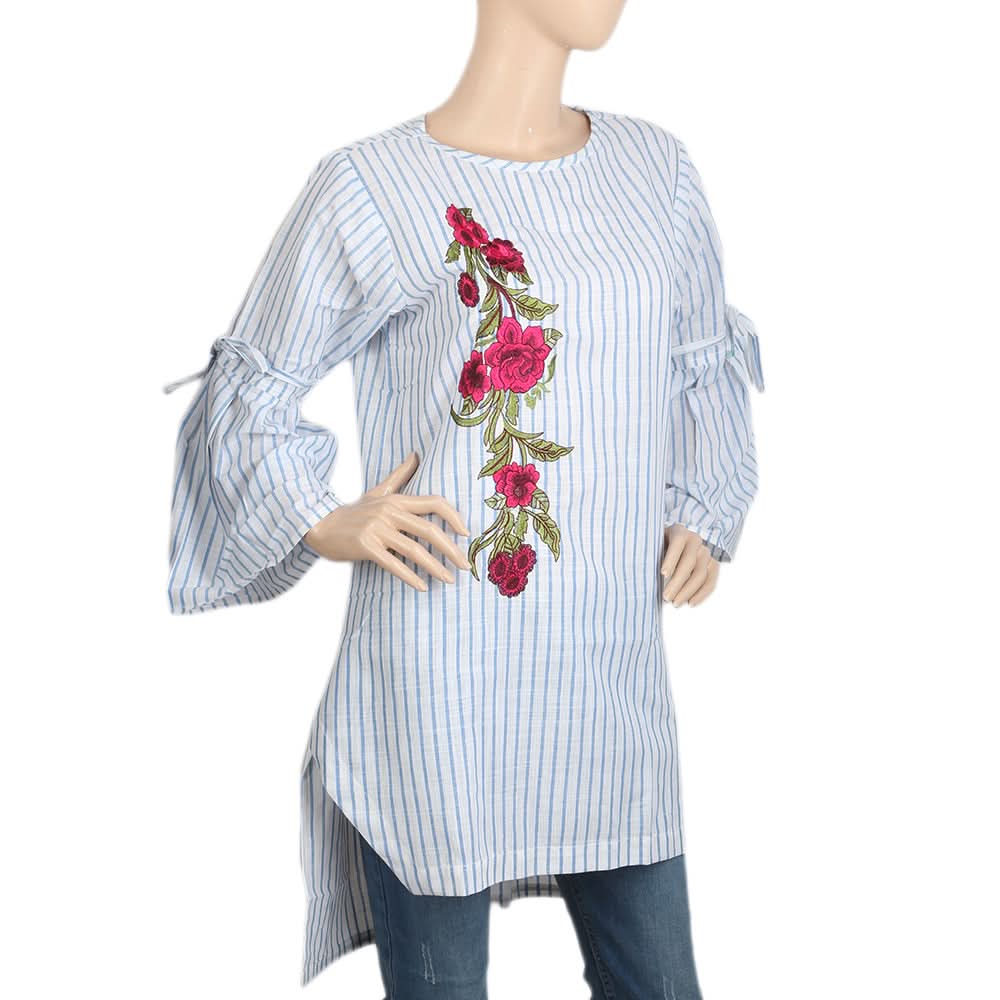 Women's Embroidered Stripe With Front Bottom Cut - Light Blue, Women, Ready Kurtis, Chase Value, Chase Value