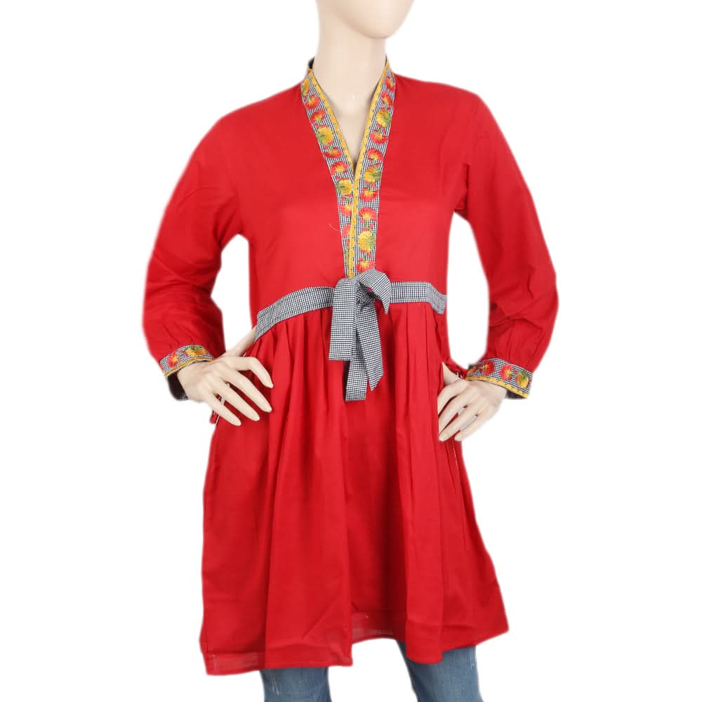 Women's Embroidered Kurti With Front Belt - Red, Women, Ready Kurtis, Chase Value, Chase Value