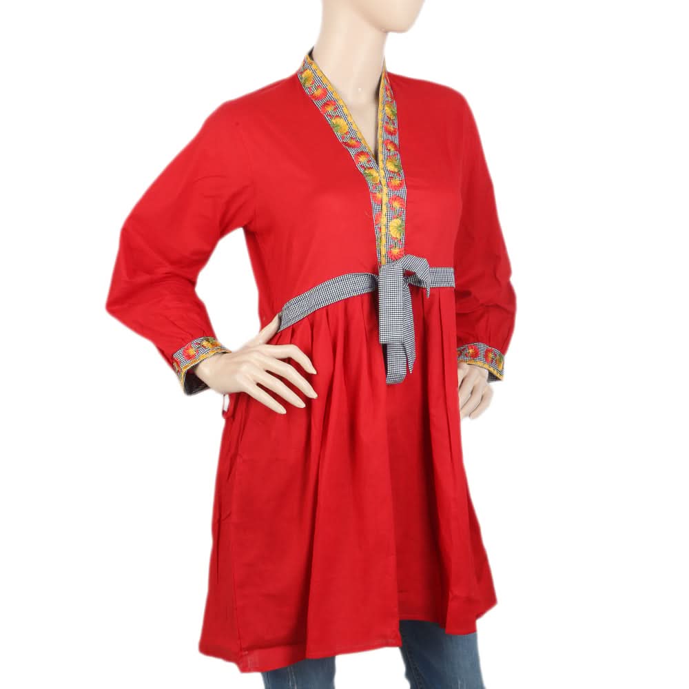 Women's Embroidered Kurti With Front Belt - Red, Women, Ready Kurtis, Chase Value, Chase Value