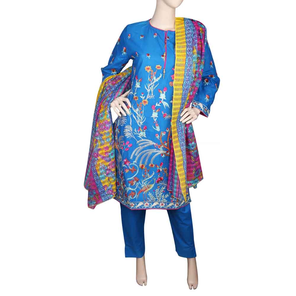 Women's Emb 3 PC Suit - Blue, Women, Shalwar Suits, Chase Value, Chase Value