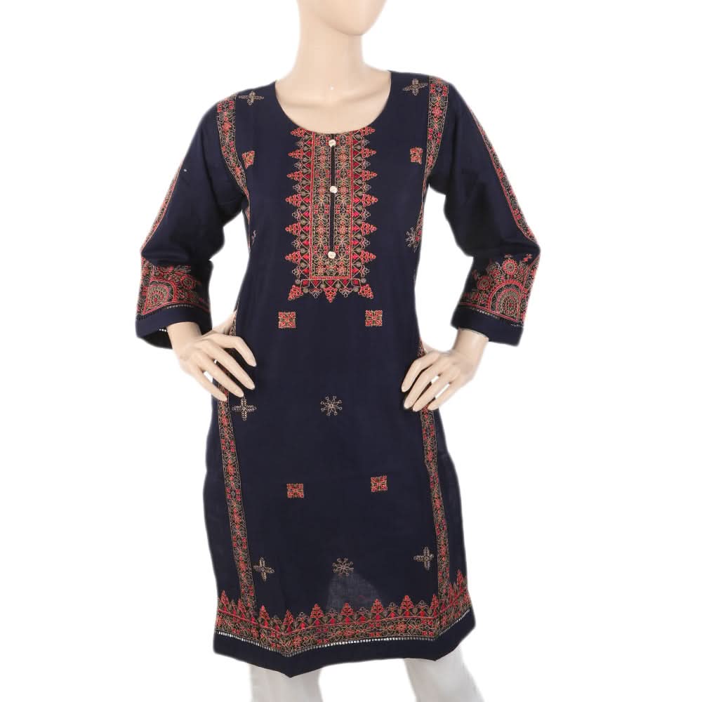 Women's Embroidered Kurti With Front Button - Navy Blue, Women, Ready Kurtis, Chase Value, Chase Value