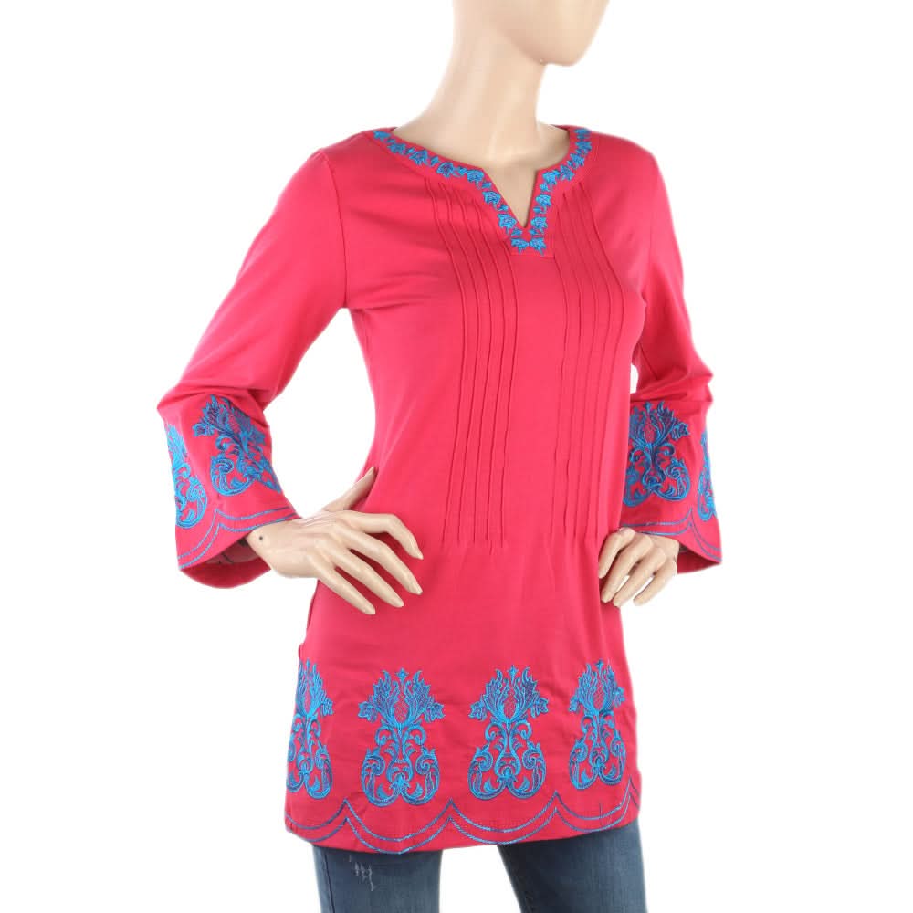 Women's Front Pleats Embroidered Top - Pink, Women, T-Shirts And Tops, Chase Value, Chase Value