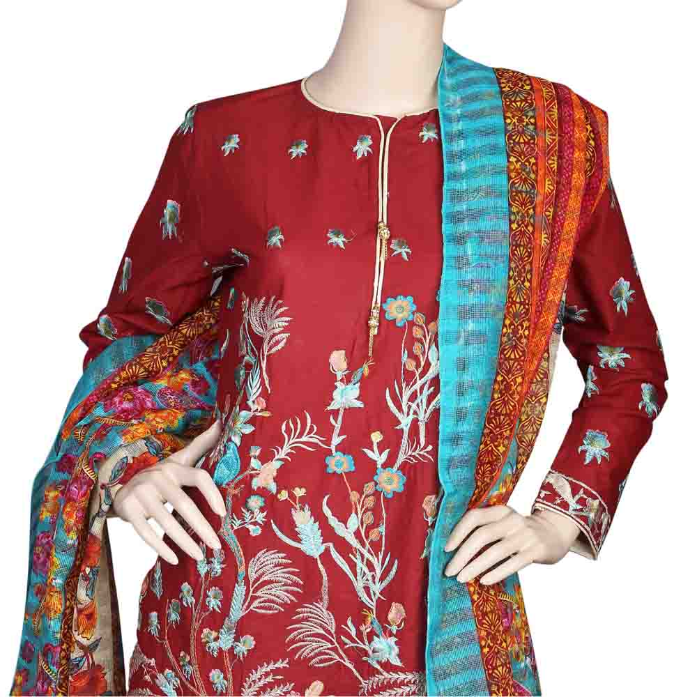 Women's Embroidered 3 Piece Suit - Maroon, Women, Shalwar Suits, Chase Value, Chase Value
