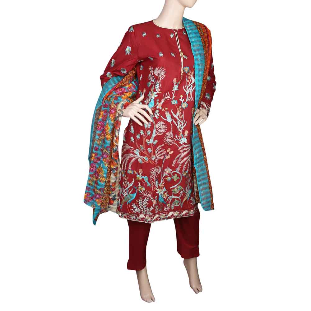 Women's Embroidered 3 Piece Suit - Maroon, Women, Shalwar Suits, Chase Value, Chase Value