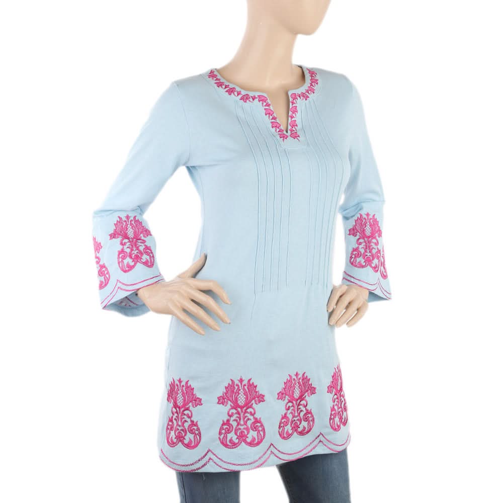 Women's Front Pleats Embroidered Top - Blue, Women, T-Shirts And Tops, Chase Value, Chase Value