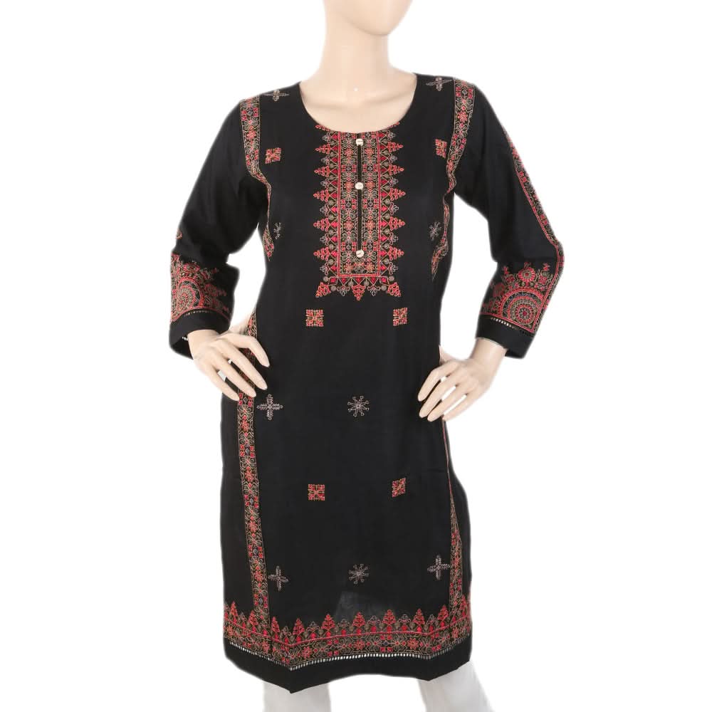 Women's Embroidered Kurti With Front Button - Black, Women, Ready Kurtis, Chase Value, Chase Value