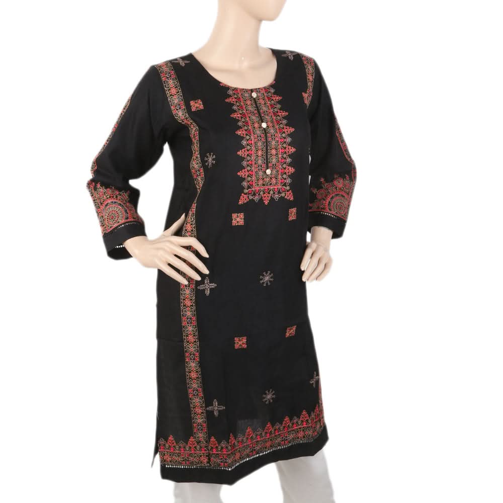 Women's Embroidered Kurti With Front Button - Black, Women, Ready Kurtis, Chase Value, Chase Value