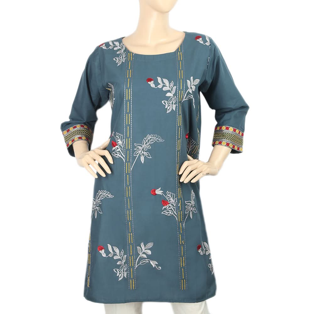 Women's Embroidered Kurti - Steel Green, Women, Ready Kurtis, Chase Value, Chase Value
