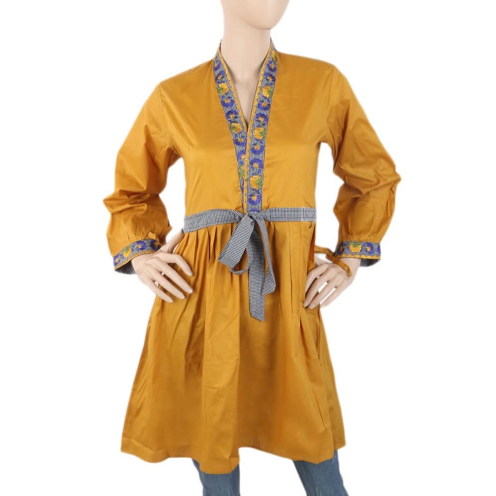 Women's Embroidered Kurti With Front Belt - Mustard, Women, Ready Kurtis, Chase Value, Chase Value