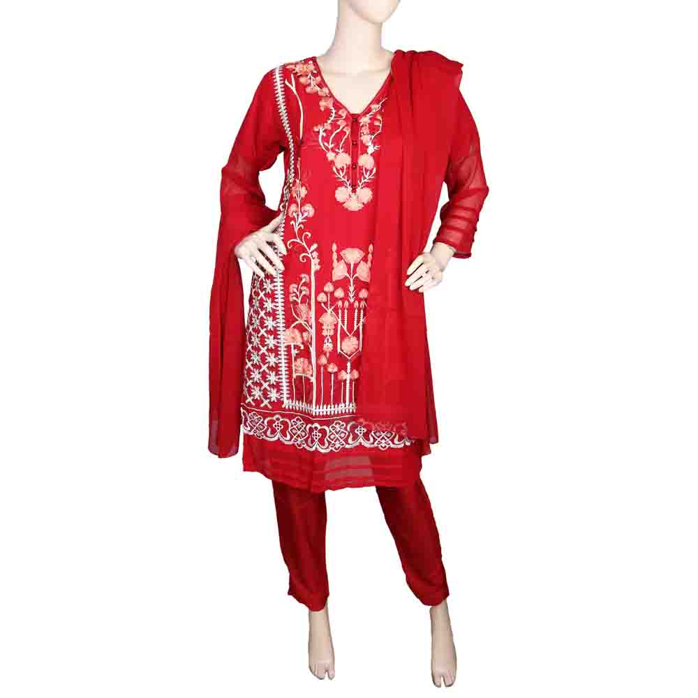 Women's Fancy Embroidered 3 Piece Suit - Red, Women, Shalwar Suits, Chase Value, Chase Value