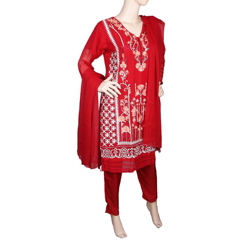 Women's Fancy Embroidered 3 Piece Suit - Red, Women, Shalwar Suits, Chase Value, Chase Value