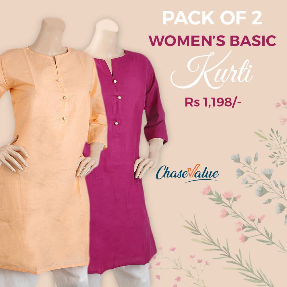 Women's Basic Stitched Kurti Pack Of 2, Women, Ready Kurtis, Chase Value, Chase Value