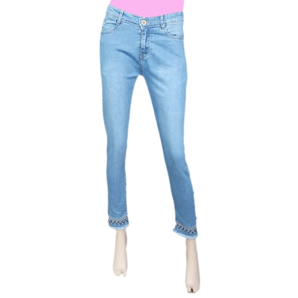Women's Denim Pant With Emb - Light Blue, Women, Pants & Tights, Chase Value, Chase Value