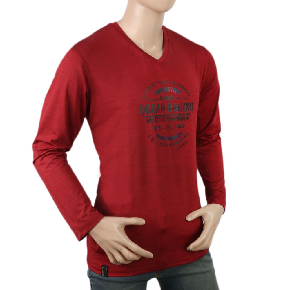 Men's Full Sleeves Round Neck Lycra Printed T-Shirt - Maroon, Men, T-Shirts And Polos, Chase Value, Chase Value