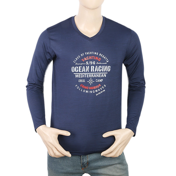 Men's Full Sleeves Round Neck Lycra Printed T-Shirt - Navy Blue, Men, T-Shirts And Polos, Chase Value, Chase Value
