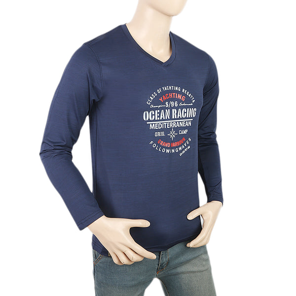 Men's Full Sleeves Round Neck Lycra Printed T-Shirt - Navy Blue, Men, T-Shirts And Polos, Chase Value, Chase Value