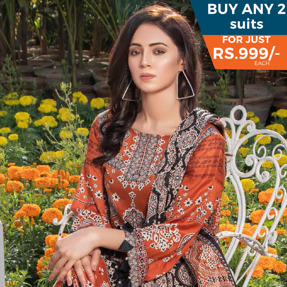 Three Star Printed Lawn 3 Pcs Un-Stitched Suit Vol 3 - 2-B, Women, 3Pcs Shalwar Suit, Al-Dawood Textiles, Chase Value
