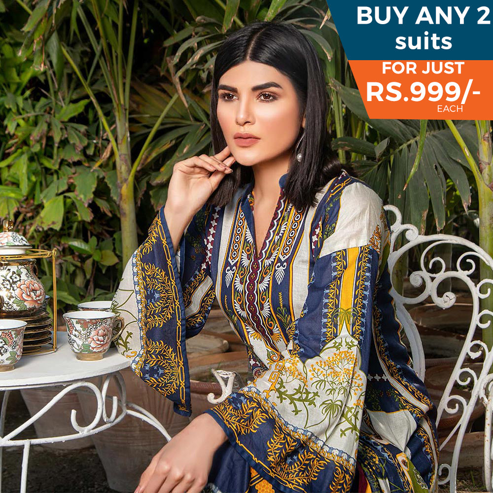 Three Star Printed Lawn 3 Pcs Un-Stitched Suit Vol 3 - 3-B, Women, 3Pcs Shalwar Suit, Al-Dawood Textiles, Chase Value