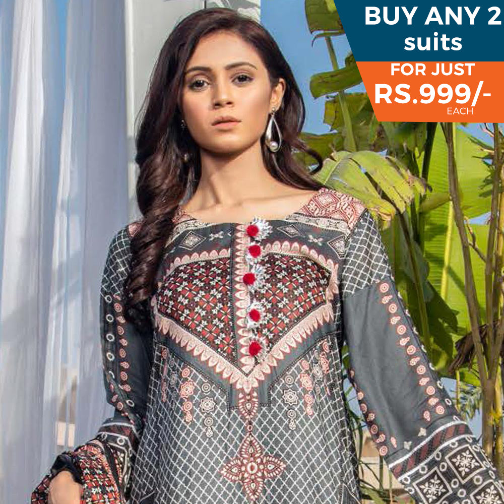 Three Star Printed Lawn 3 Pcs Un-Stitched Suit Vol 3 - 6-B, Women, 3Pcs Shalwar Suit, Al-Dawood Textiles, Chase Value