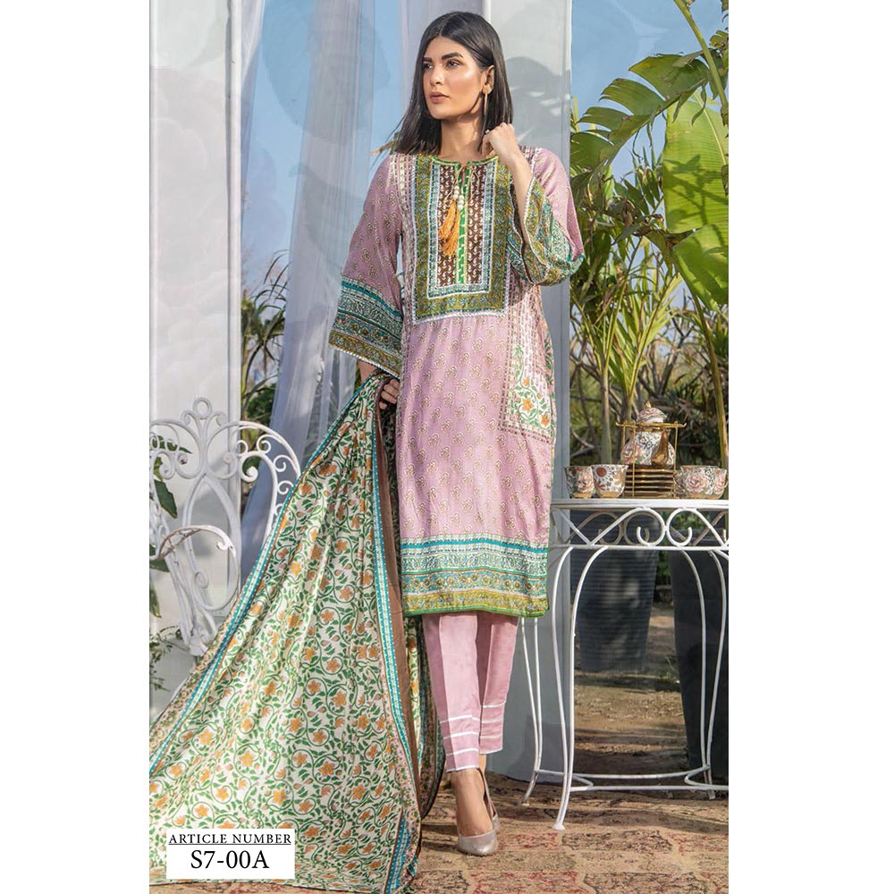 Three Star Printed Lawn 3 Pcs Un-Stitched Suit Vol 3 - 7-A, Women, 3Pcs Shalwar Suit, Al-Dawood Textiles, Chase Value