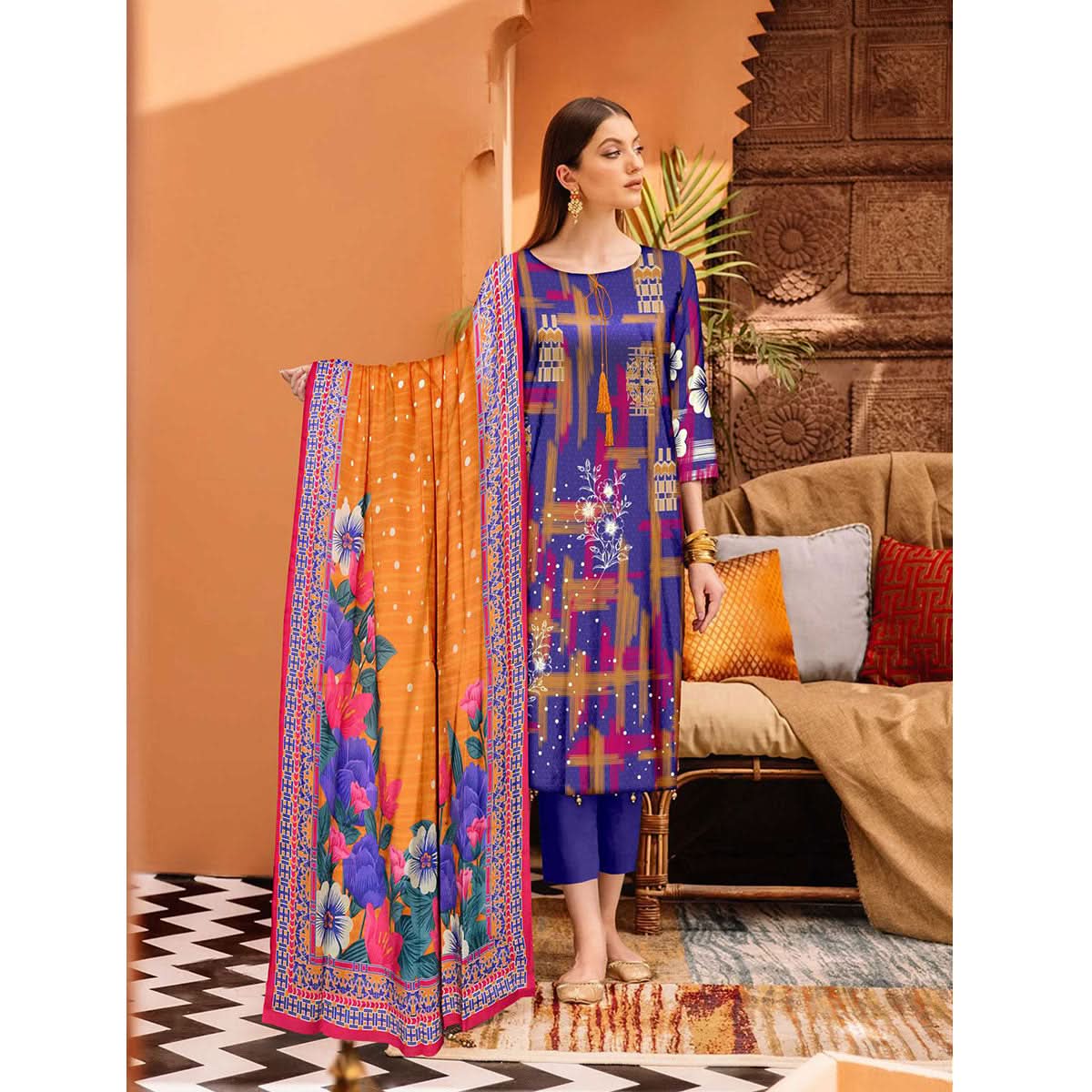 Tehzeeb Digital Printed Cambric 3Pcs Unstitched Suit V1 - 8, Women, 3Pcs Shalwar Suit, Ulfat Textile, Chase Value