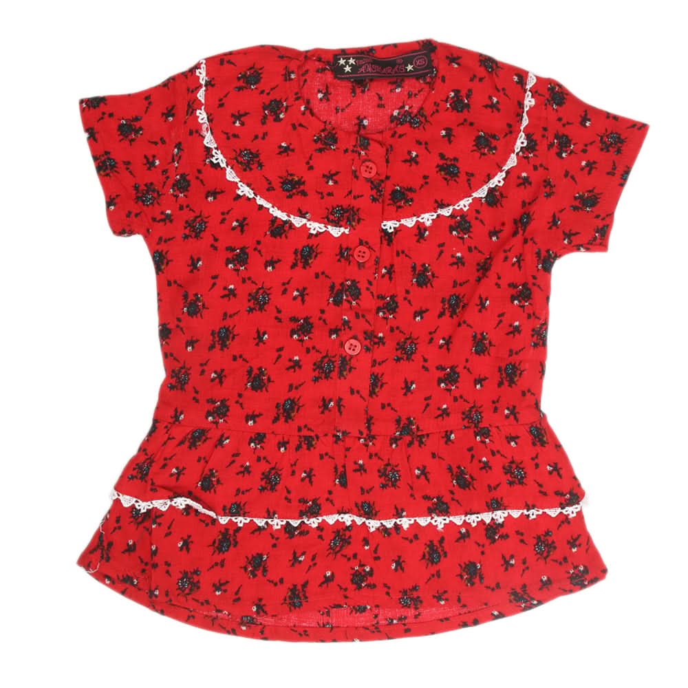 Girls Woven Half Sleeves Top - Red, Kids, Tops, Chase Value, Chase Value