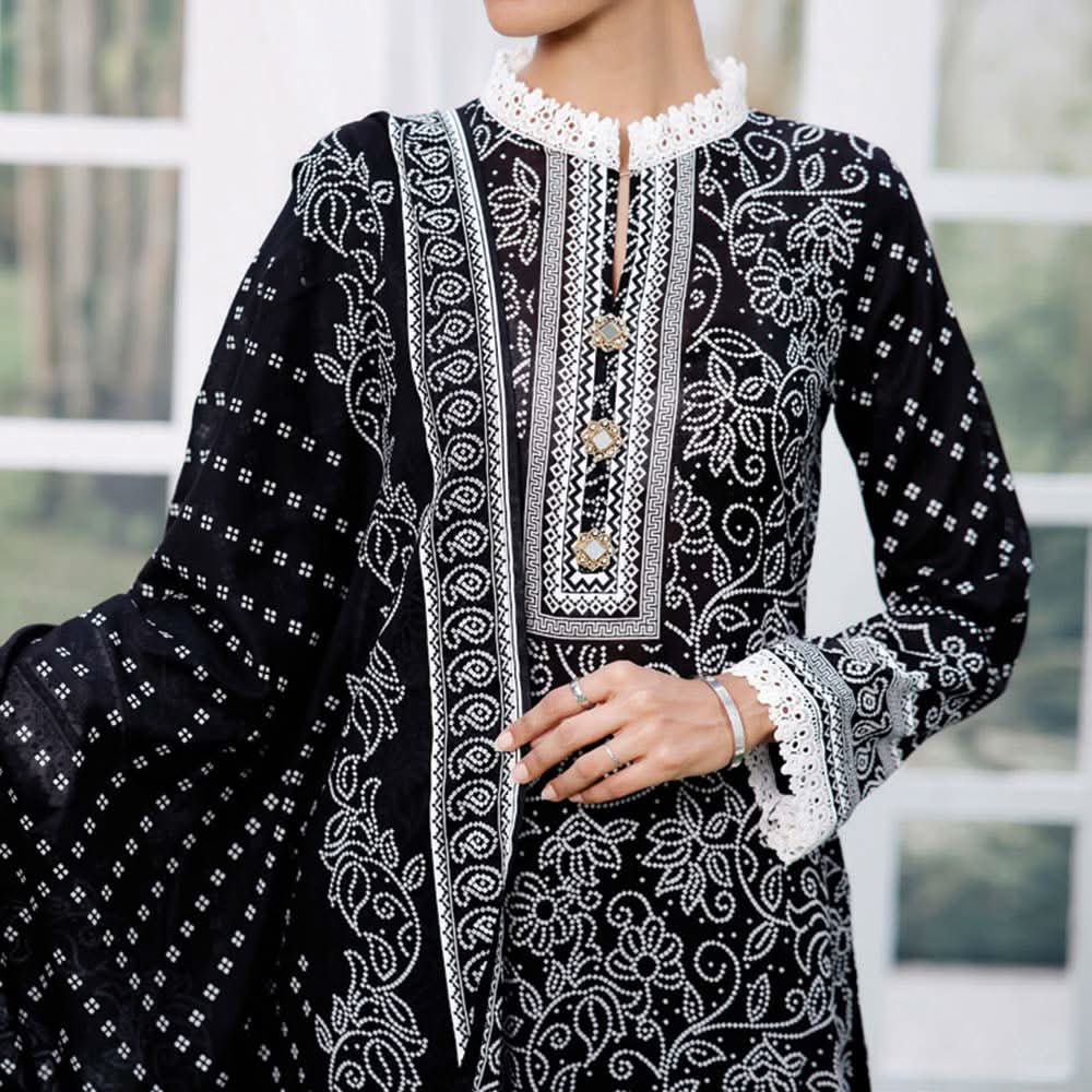 Daman Printed Lawn Black & White Lawn Collection 3 Pcs Un-Stitched Suit - 6, Women, 3Pcs Shalwar Suit, VS Textiles, Chase Value