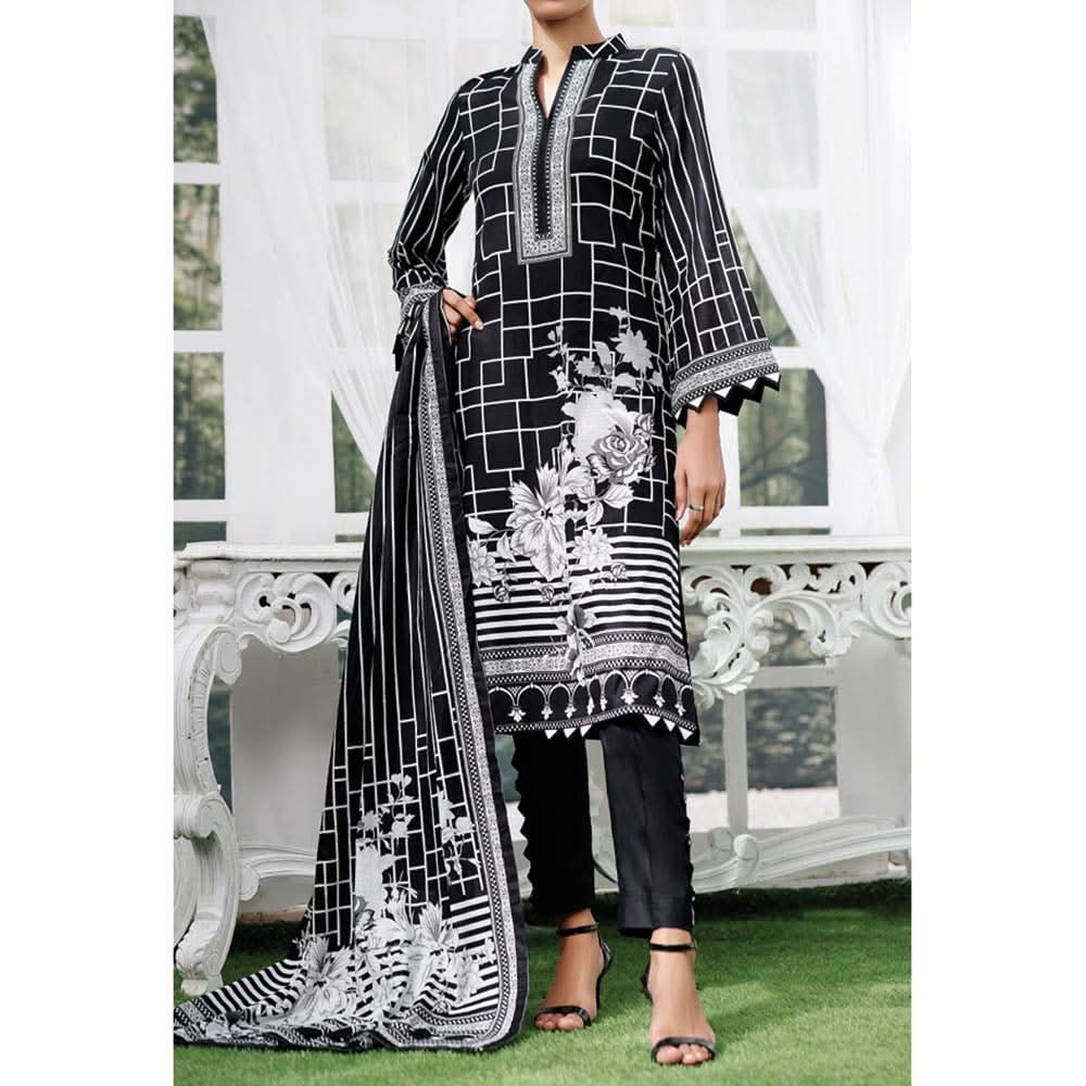 Daman Printed Lawn Black & White Lawn Collection 3 Pcs Un-Stitched Suit - 4, Women, 3Pcs Shalwar Suit, VS Textiles, Chase Value
